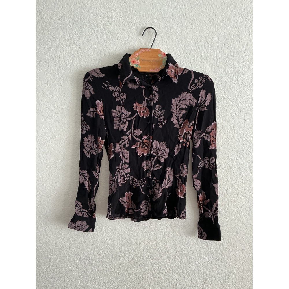 Lola Floral Button Down Blouse Size 4 Excellent Black Mauve Long Sleeve Rayon